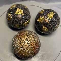 Set Of 3 World Market Earth Tones Mosaic Crackle Glass Ball Sphere Decor 3.75”