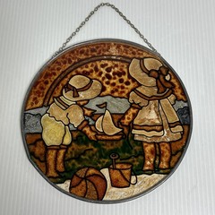 Hand Painted Stained Glass Girls Playing at the Beach Hanging Window Art