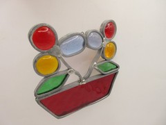 Vtg 4″ Artisan Stained Glass Floral Sun Catcher Flowers in Red Pot Art Hand Made