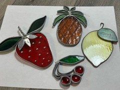 4 Vtg Handmade Stained Glass Fruit Sun Catchers Cherry Pear Strawberry Pineapple