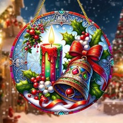 Winter Snow Scene Candle Bell Design Acrylic Sun Catcher Window Ornament
