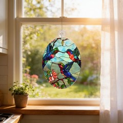Hummingbird Trio Glass Suncatcher, Handcrafted Window Decor