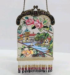 AMIA Hand Painted Stained Glass Purse Shaped Suncatcher Floral Old Town Fringed
