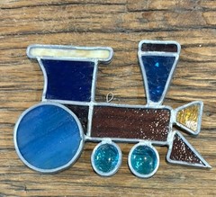 VTG Stained Glass Train Suncatcher Ornament Blue Red Yellow Pink