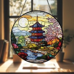 Stained Glass Japanese Pagoda Suncatcher Cherry Blossom Window Hanging Decor