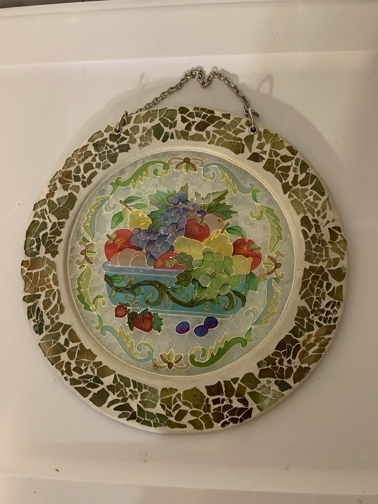 Artesian Suncatcher Stained Glass Colorful Basket Fruits Hanging Window 13” Dia