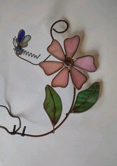 Vtg Stained Glass Flower Bouquet Dragonfly Suncatcher Pot Vase Art Decor Pc*