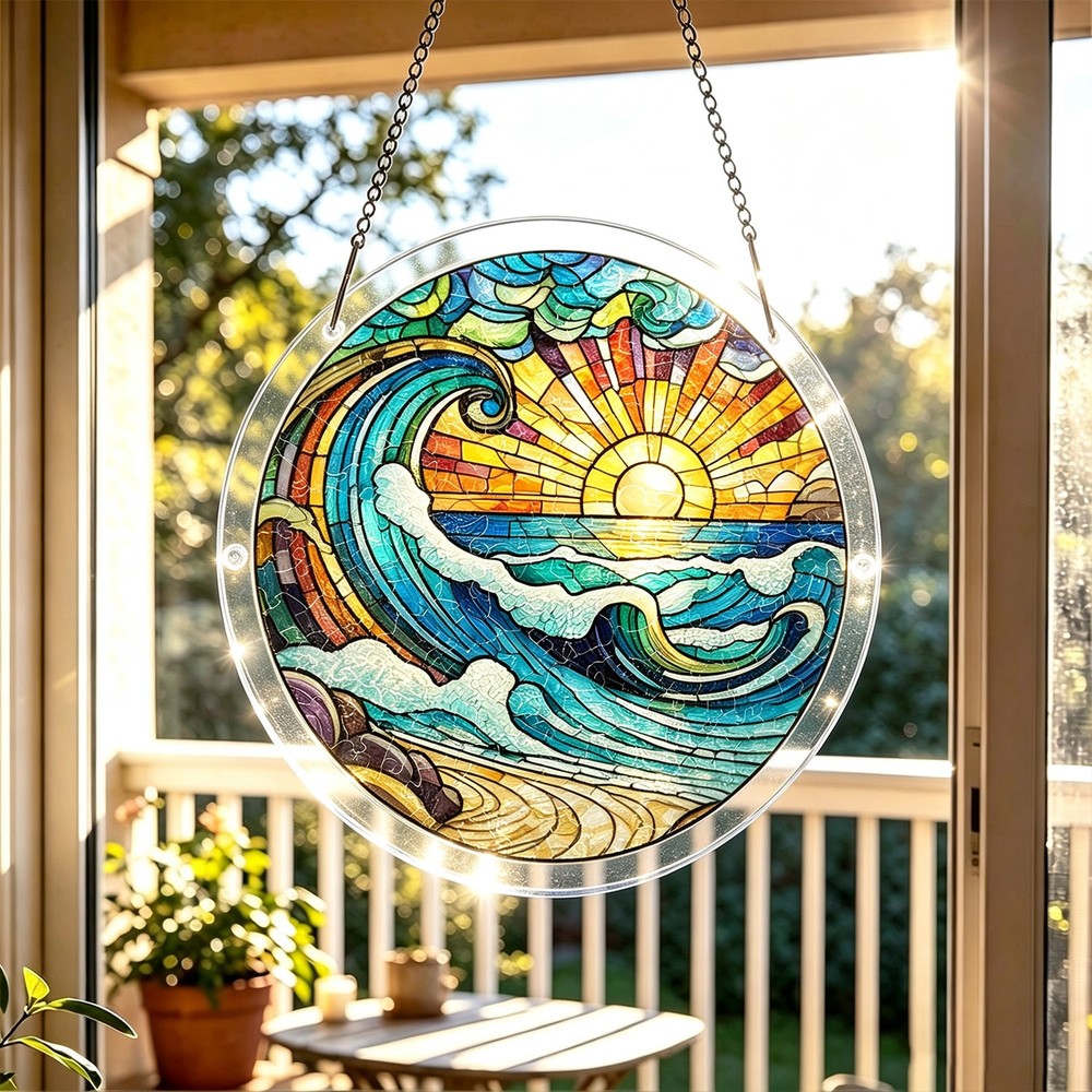 Classic Sea Wave Sunset Ocean Round Acrylic Puzzle Suncatcher Wall Hanging
