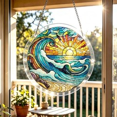 Classic Sea Wave Sunset Ocean Round Acrylic Puzzle Suncatcher Wall Hanging
