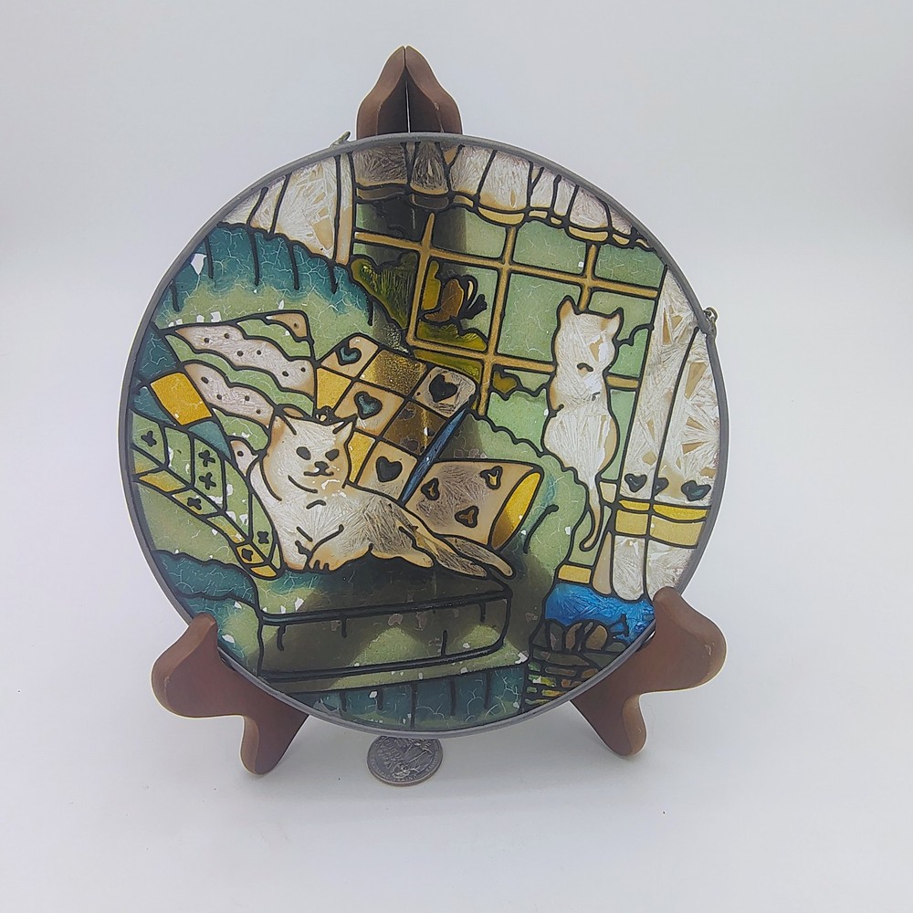 Vintage Adorable Kittens Stained Glass Sun Catcher 6 1/2″ Joan Baker Designs