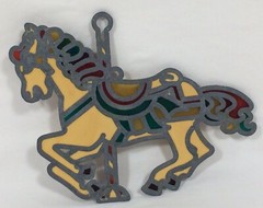 Vtg Stained Glass Sun Catcher Red Green Carousel Running Horse Pony 6” x 4 1/2″
