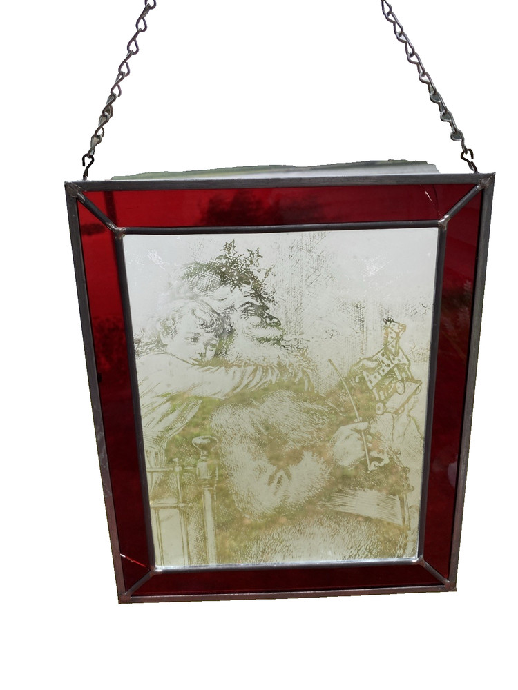 Etched Glass Gild Hugging Santa Suncatcher, Wall Hanging Art 12.5” X 10.5” @72
