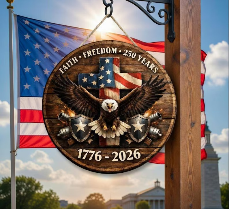 America 250th Anniversary Patriotic Wall Sign with Rope Home Decor