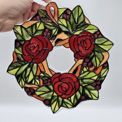 Handmade Rose Wreath Suncatcher 2 Layers Painted Plastic and Glass 7 1/4″ READ