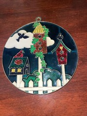 Vintage Stained Glass Bird House Scene Sun Catcher Multicolor Round 4.5″ Retro