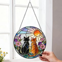 Charming Black Orange Cat Couple Garden Suncatcher Stained Glass Window Hanging