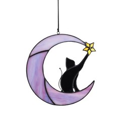 6.5” Black Cat Decor on Purple Moon Stained Glass Window Hanging Suncatcher,…