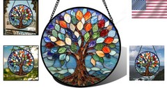 Colorful Stained Glass Tree of Life Window Hanging 14.9″ Suncatcher
