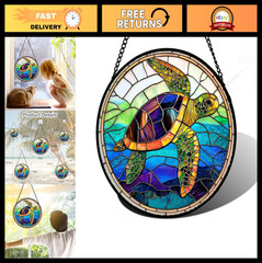 Colorful Turtle Stained Glass Suncatcher – Ocean Decor, 15×15 in, Marine Life Gi