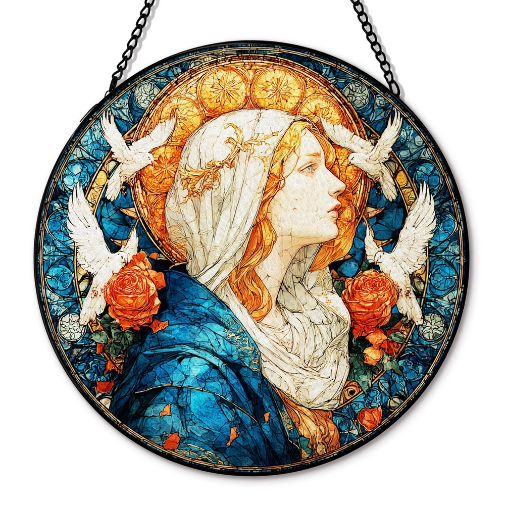 Christian Virgin Mary Suncatcher Stained Glass Wall Decor for Indoor Gardens