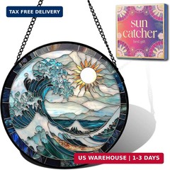 Birthday Gifts for Women – Blue Giant Waves Faux Stained Glass Window Hanging Su