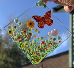 Fused Glass Handmade Diamond Shaped Multicolored Sun Catcher Signed By Artist
