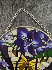 Stained Glass Butterfly Suncatcher 4.5 Inch Round Floral Purple Yellow Art…
