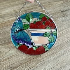 Joan Baker Designs Handpainted Stained Glass Strawberries with Butterfly 4 1/2”