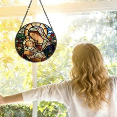 Virgin Mary Baby Jesus Stained Glass Suncatcher Window Art Decor, 7.9″ Round