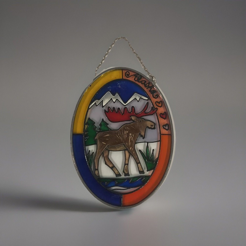 Vintage Alaska Moose Hand Painted Glass Suncatcher Oval