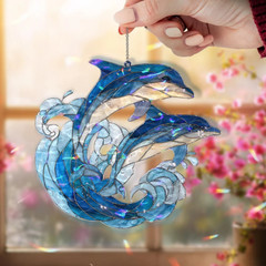 Stunning Dolphins Ocean Wave Acrylic Suncatcher Window Hanging Home Decor Gift