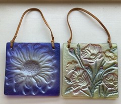 (2) Square 4.5″ x 4.5″ Flower Glass Sun Catchers with Leather Cord