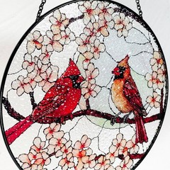 Cardinal Lovebirds Stained Glass Suncatcher: Moonlight Window Hanging