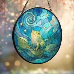 Frog Stained Glass Suncatcher, Whimsical Night Sky Window Hanging