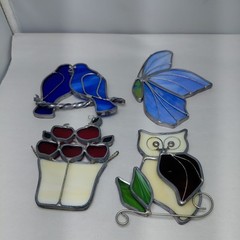 Vintage Tiffany Stained Glass Suncatchers Lot Apples Owl Butterfly Bluebirds