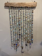 Large beaded driftwood wall hanging suncatcher beachy lake ocean handcrafted 57”