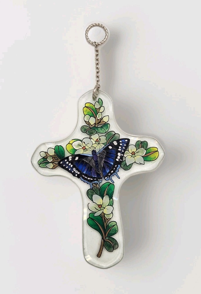 Painted Glass Cross Window Hanging Suncatcher Butterfly With Flowers 6″