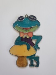 Vintage Retro 70s Green Frog Toad And Yellow Mushroom Hanging Suncatcher 4.5″x3″