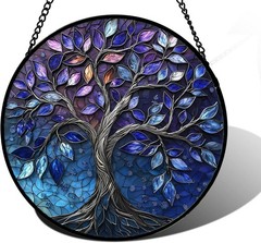 Stained Glass Window Hanging Colorful Tree of Life Sun Catchers Glass Panel New
