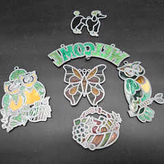 Vintage Suncatcher Lot of 6 Homemade WELCOME Owl Poodle Butterfly Fruit basket