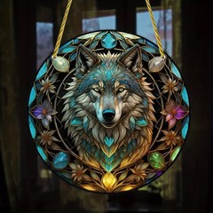 Floral Gem Border Wild Wolf Acrylic Suncatcher Wall Hanging Decoration Gift