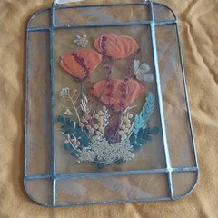 Vtg Beveled Leaded Glass Frosted Detail Suncatcher Pressed Dried Flowers 6″x8″