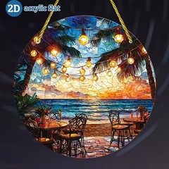 Tropical Beach Cafe String Lights Palm Trees Ocean Sunset Acrylic Suncatcher