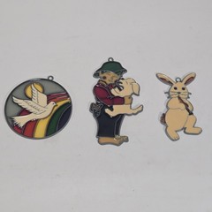 Vintage Lot of 3 Sun Catchers Stained Acrylic/ Metal Bunny, Dove, Child W/ Puppy