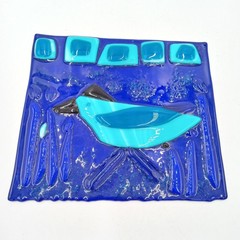 Abstract Blue Bird Fused Glass Art Suncatcher Tile Sculpture OOAK Collectible