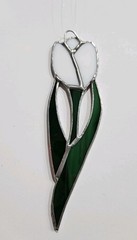 Vintage Stained Glass Suncatcher White Tulip w/Green Leaves 6″ with Suction Cup