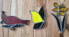 Vtg Lot Of 3 Stained Glass Suncatchers Cardinal Butterfly Flower 4″-5″ Long