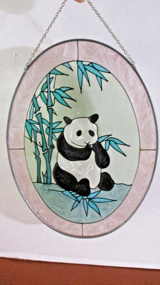 SUN CATCHER Stained Glass with PANDA BEAR & BAMBOO 9″x7″ Oval