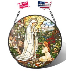 Stained Glass Suncatcher 8 Inch Lady of Lourdes Virgin Mary Window Hanging Decor