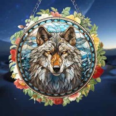 Tiled Effect Wolf Face Suncatcher Double Sided Round Dyed Acrylic Decor